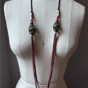 Boho Beaded Necklace with Red and Black Accents